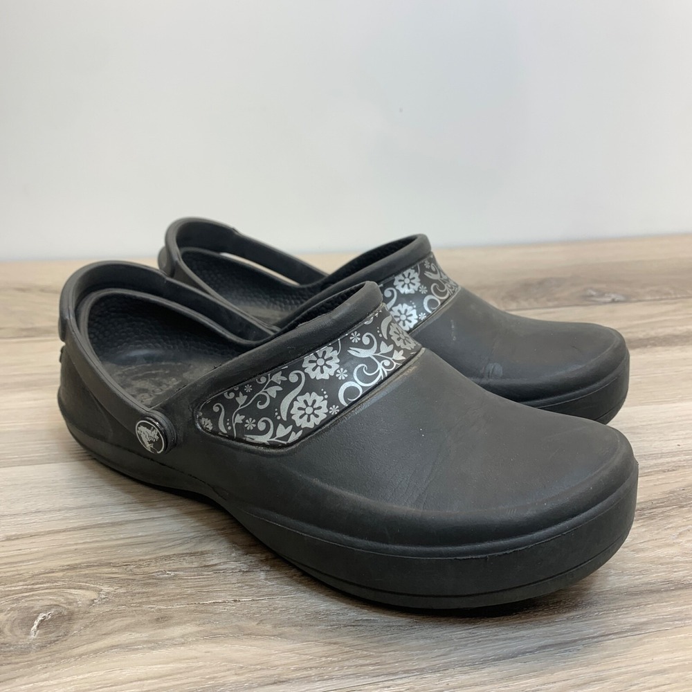 Crocs Black Silver Mercy Work Clogs Sling Back Non Slip Comfort Shoes Womens 7